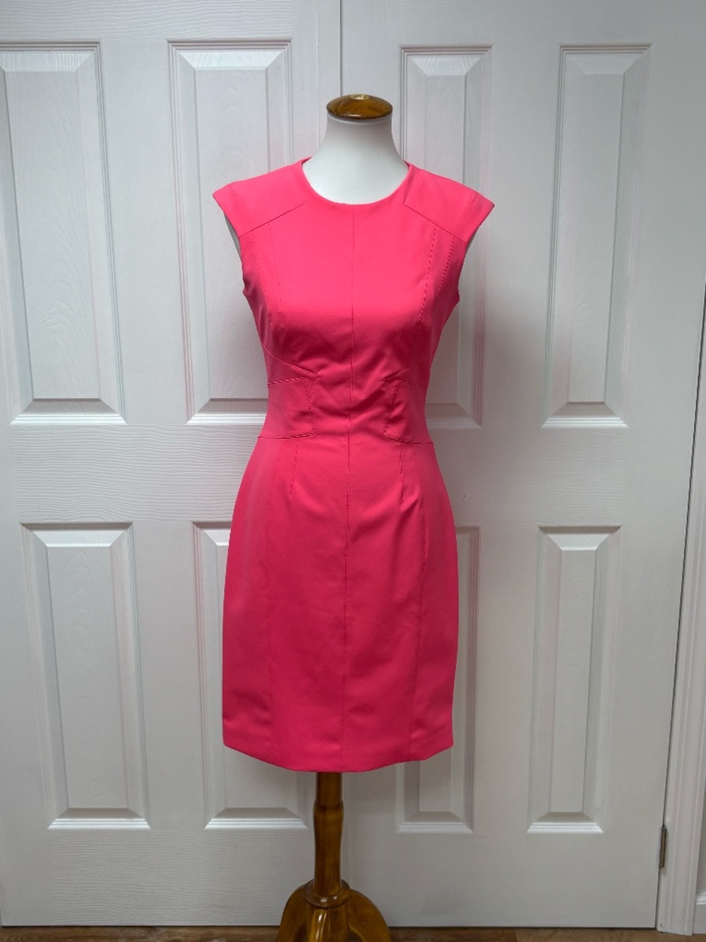 Karen Millen Neon Pink Sleeveless Sheath Dress - Size 6.